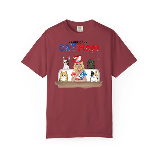 American Cat Mom - Full Color frontal 1/4 cats-Unisex Garment-Dyed Personalized Shirt