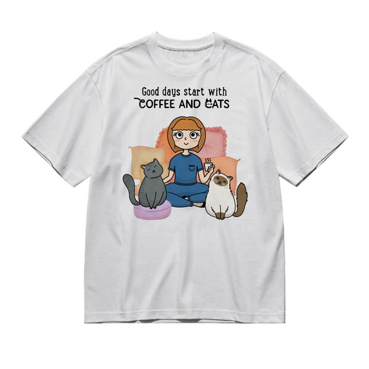 Good days start starts with coffee and a dog (Kawaii - Woman)-200g High-Quality 100% Cotton T-Shirt with Heat Transfer Printing