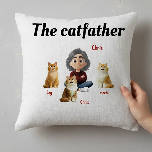 The Catfather Personalized Pillow - Custom Cat Dad Gift - Select Skin, Hair & Up to 4 Cats
