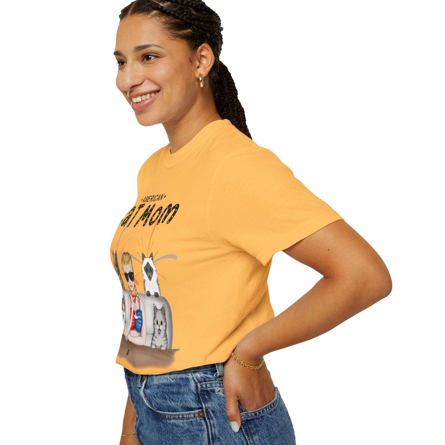 American Cat Mom - Full Color frontal 1/4 cats-Unisex Garment-Dyed Personalized Shirt
