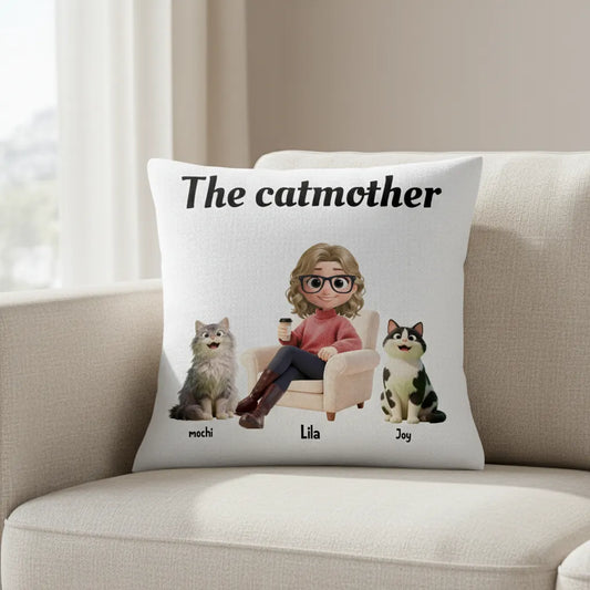Personalized Cat Mom Pillow - "The Catmother" Custom Gift with Pet Names & Avatar