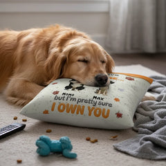 Funny Dog Lover Gift Linen Pillow with Insert - "I Own You" Quote - Personalized Pet Names - Premium Pillowcase Set