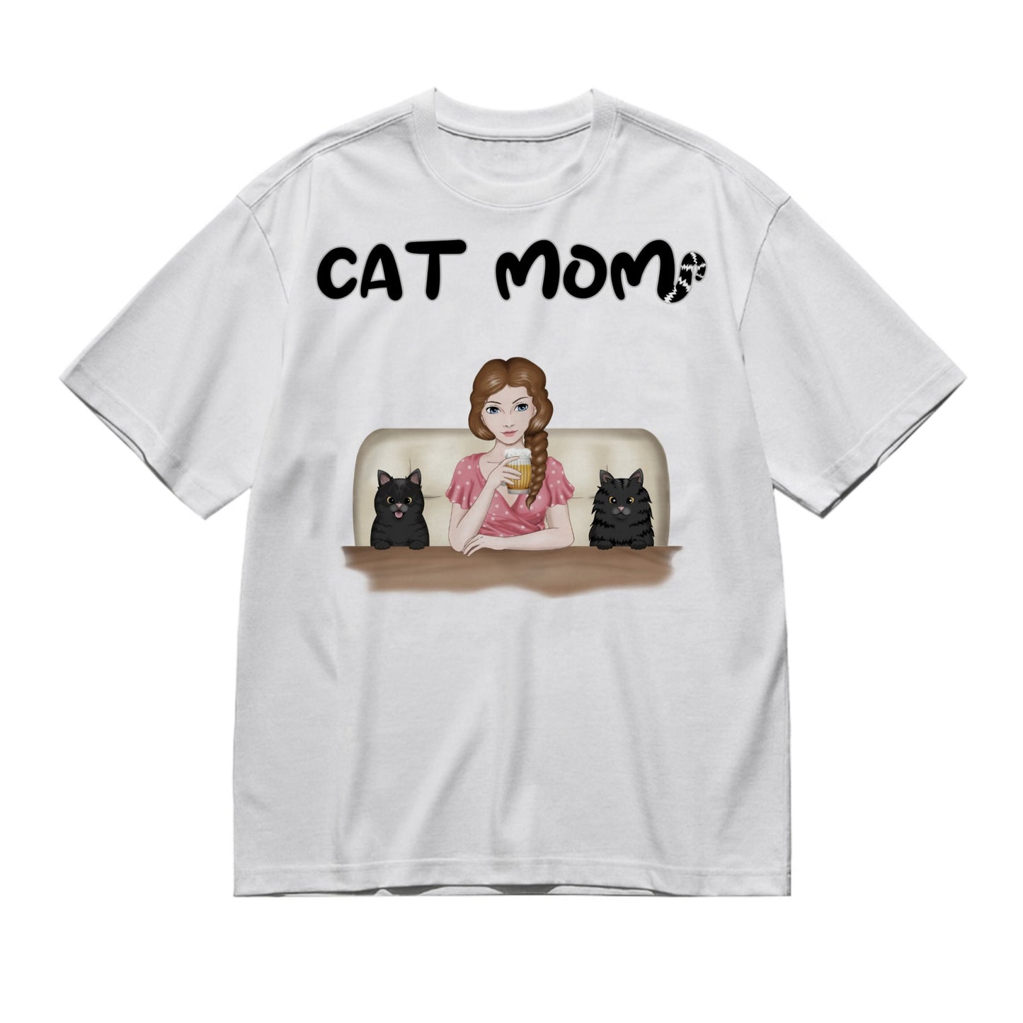 Cat Mom - Frontal full color - Female 4 cats-200g High-Quality 100% Cotton T-Shirt with Heat Transfer Printing