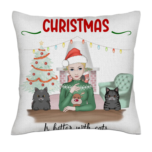 Christmas is better with a cat - Woman 1/3 cats- Linen Pillowcase + Pillow Insert Set