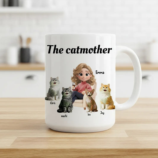 Personalized "The Catmother" Mug with Up to 4 Cats - Custom Name & Breed Gift for Cat Mom