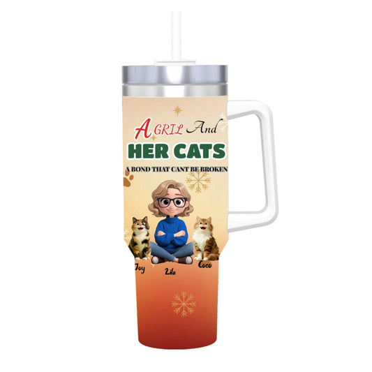 The "A Girl and Her Cats" Custom 40oz Tumbler with Handle - Fits Car Cup Holders & Keeps Ice for Hours