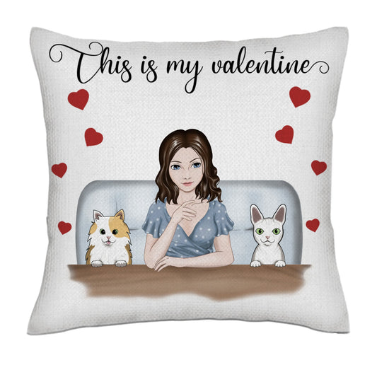 This is my valentine - Woman and cats frontal full color- Linen Pillowcase + Pillow Insert Set