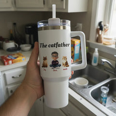 Personalized The Catfather 40oz Tumbler with Handle - Custom Cat Dad Gift (Up to 4 Cats)