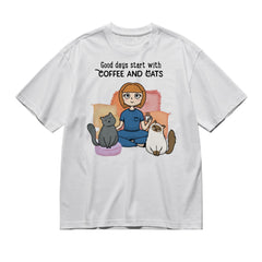 Good days start starts with coffee and a dog (Kawaii - Woman)-200g High-Quality 100% Cotton T-Shirt with Heat Transfer Printing