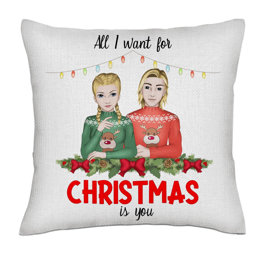 All I want for Christmas is you - Full color frontal - Couple- Linen Pillowcase + Pillow Insert Set