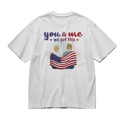 You & me - 4th of july - Back pencil (sitting)-200g High-Quality 100% Cotton T-Shirt with Heat Transfer Printing