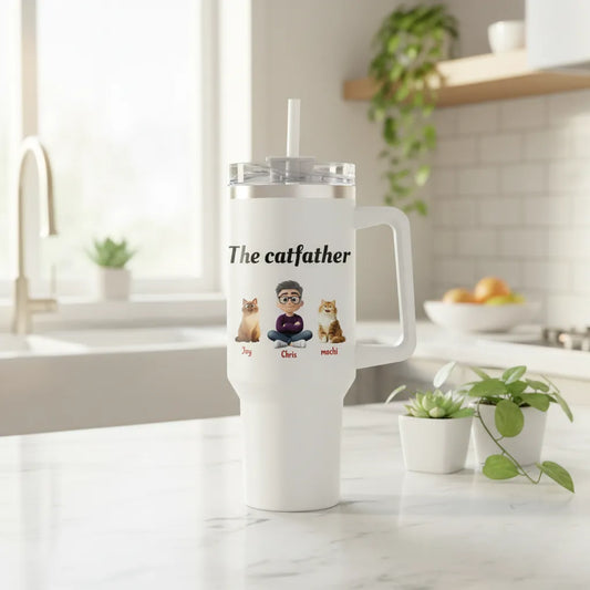 Personalized The Catfather 40oz Tumbler with Handle - Custom Cat Dad Gift (Up to 4 Cats)