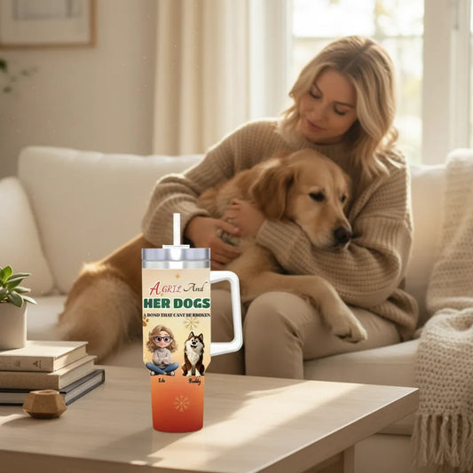 The "A Girl and Her Dogs" Custom 40oz Tumbler with Handle - Fits Car Cup Holders & Keeps Ice for Hours