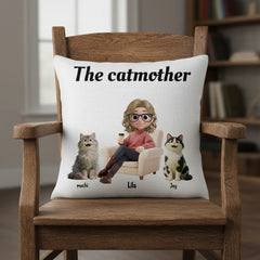 Personalized Cat Mom Pillow - "The Catmother" Custom Gift with Pet Names & Avatar