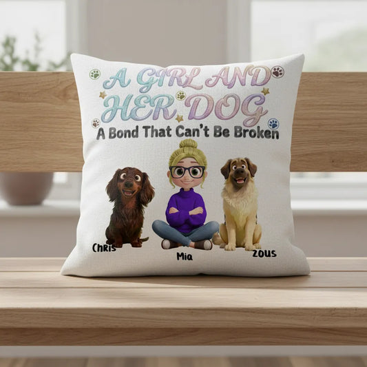Custom Dog & Girl Linen Pillowcase - Up to 4 Dogs - Personalized Gift for Dog Lovers