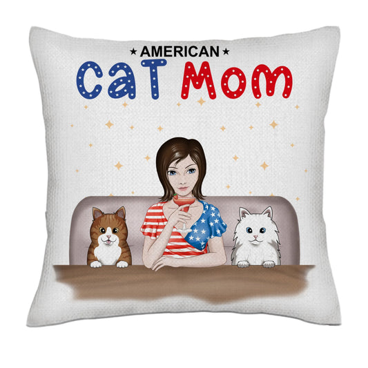 American Cat Mom - Full Color frontal 1/4 cats- Linen Pillowcase + Pillow Insert Set
