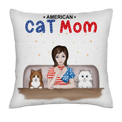 American Cat Mom - Full Color frontal 1/4 cats- Linen Pillowcase + Pillow Insert Set