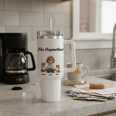 Personalized "The Dogmother" 40oz Tumbler with Handle - Custom Mom & Up to 4 Dogs (Stainless Steel Travel Mug)