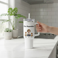 Personalized "The Dogmother" 40oz Tumbler with Handle - Custom Mom & Up to 4 Dogs (Stainless Steel Travel Mug)