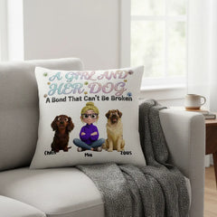 Custom Dog & Girl Linen Pillowcase - Up to 4 Dogs - Personalized Gift for Dog Lovers