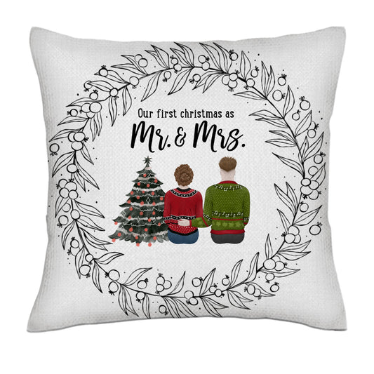 Our first christmas as partners - Pencil style back- Linen Pillowcase + Pillow Insert Set
