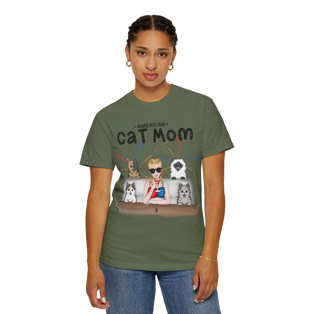 American Cat Mom - Full Color frontal 1/4 cats-Unisex Garment-Dyed Personalized Shirt
