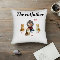 The Catfather Personalized Pillow - Custom Cat Dad Gift - Select Skin, Hair & Up to 4 Cats