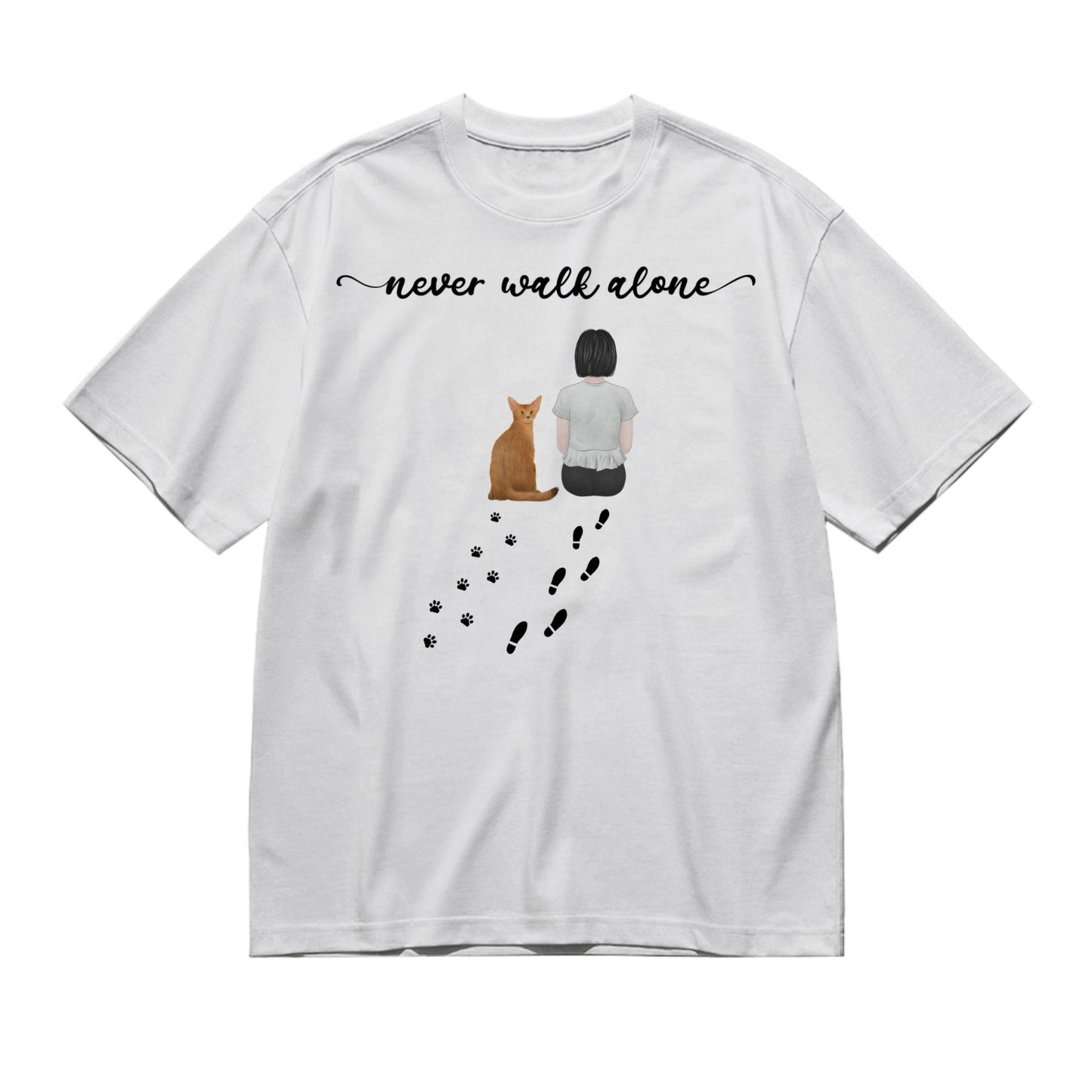 Never walk alone (Female / Male / Cat / Back)-200g High-Quality 100% Cotton T-Shirt with Heat Transfer Printing