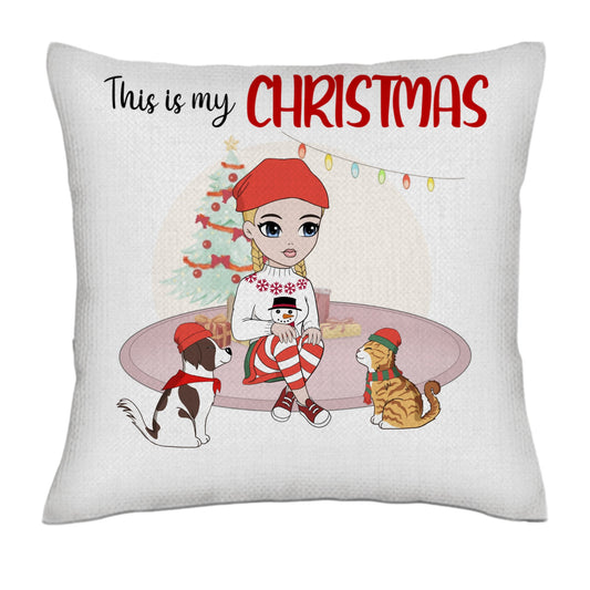This is my christmas - Side face - Dogs and cats- Linen Pillowcase + Pillow Insert Set