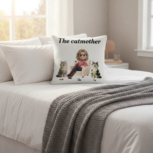 Personalized Cat Mom Pillow - "The Catmother" Custom Gift with Pet Names & Avatar