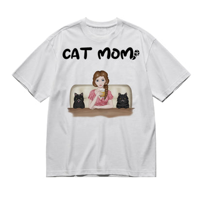 Cat Mom - Frontal full color - Female 4 cats-200g High-Quality 100% Cotton T-Shirt with Heat Transfer Printing