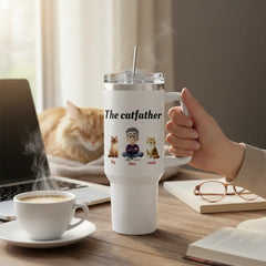 Personalized The Catfather 40oz Tumbler with Handle - Custom Cat Dad Gift (Up to 4 Cats)