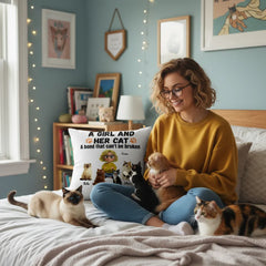 A Girl And Her Cat- Linen Pillowcase + Pillow Insert Set