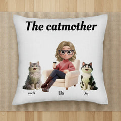 Personalized Cat Mom Pillow - "The Catmother" Custom Gift with Pet Names & Avatar