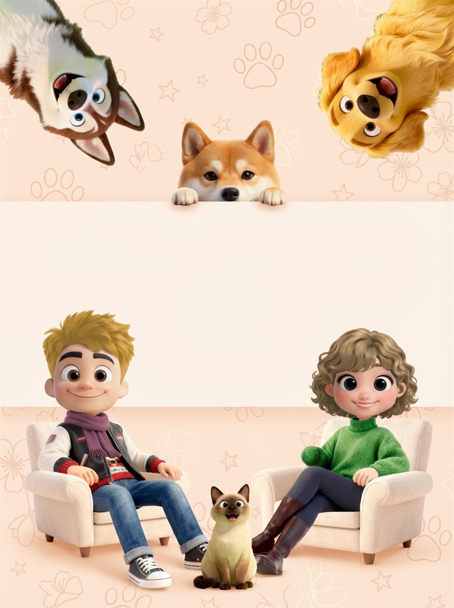 Happy dogs, cat, and pet lovers with a blank gift card area